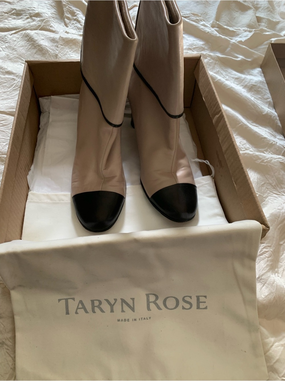 Vintage Taryn Rose Beige Leather Ankle Boots with Black Cap Toe, Made in Italy